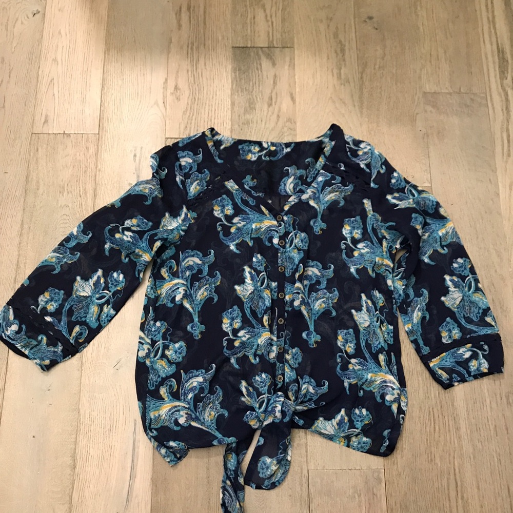 Lucky brand blue white yellow tie front blouse
